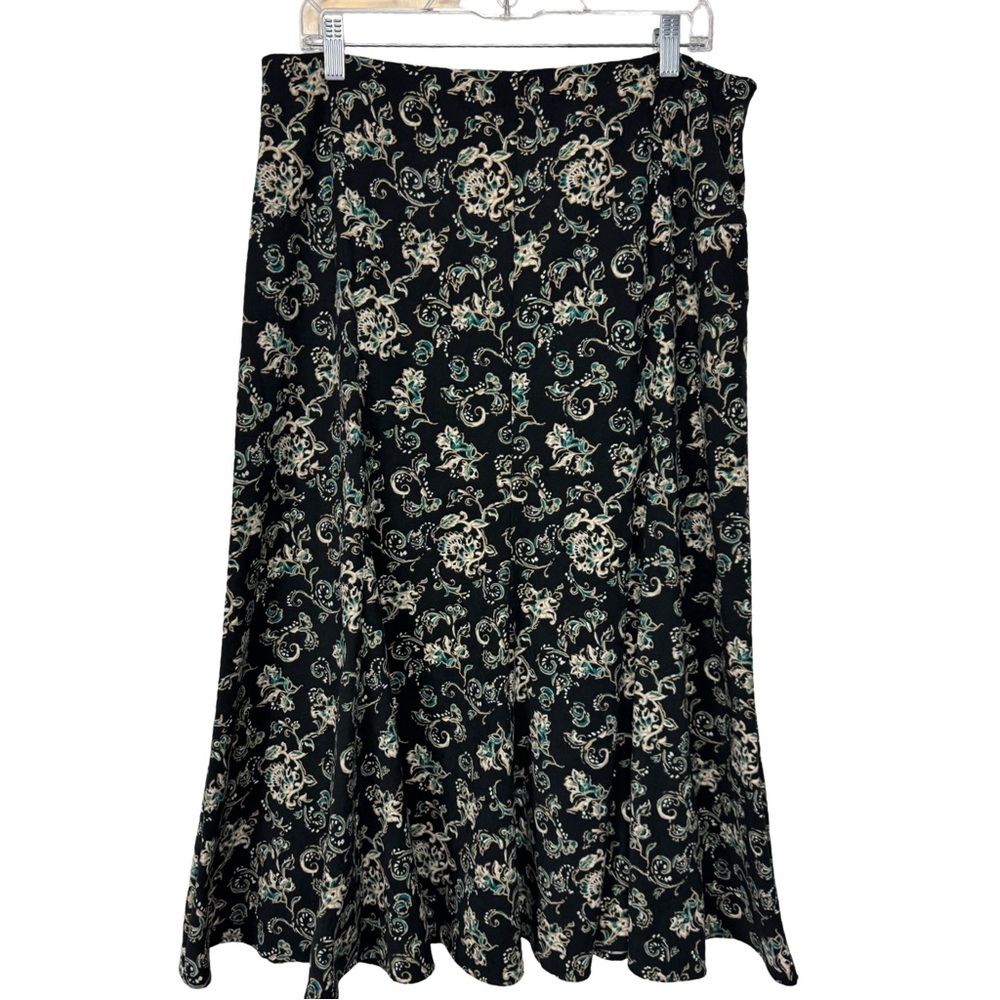 Christopher & Banks Black Floral A-Line Midi Skirt Side Zip Wom Sz 12